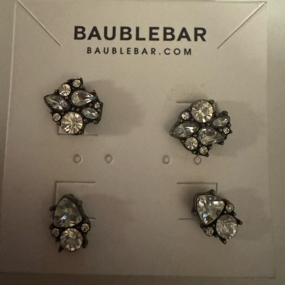 Baublebear Earrings Set - Studs Clear Rhinestones Bling Silver Tone New on Card